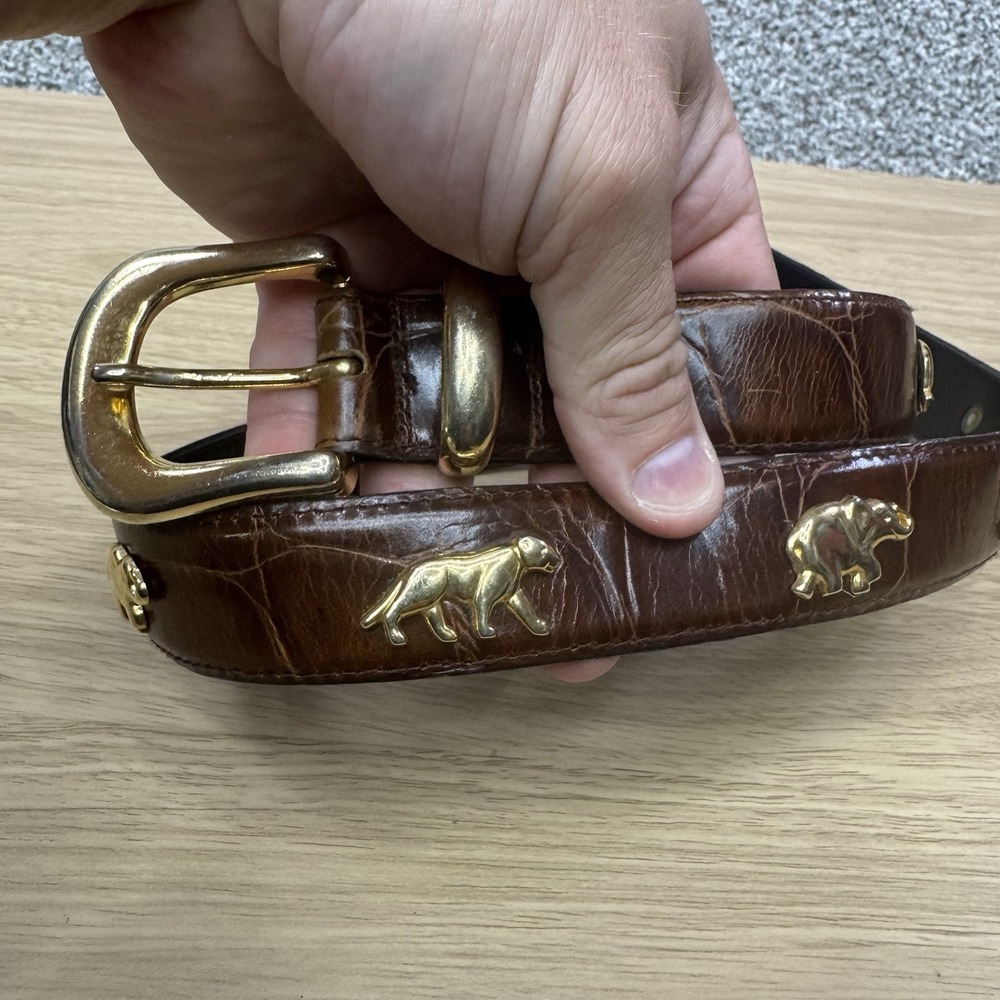 Avignon Brown Leather Belt Gold Elephants Lions Studs Women's Size Medium 842